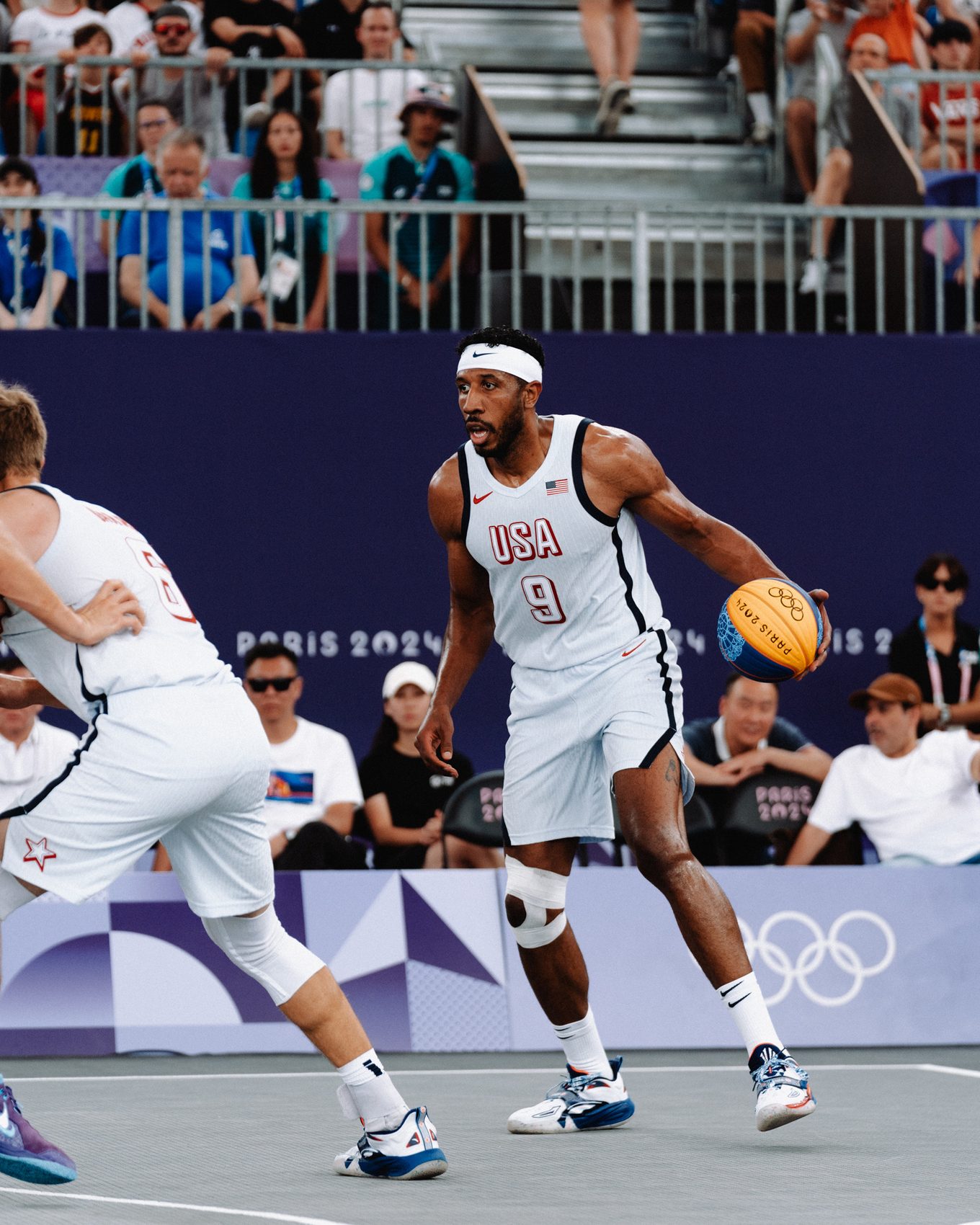 Kareem Maddox in a USA jersey on the 3x3 court at the Paris 2024 Olympic Games